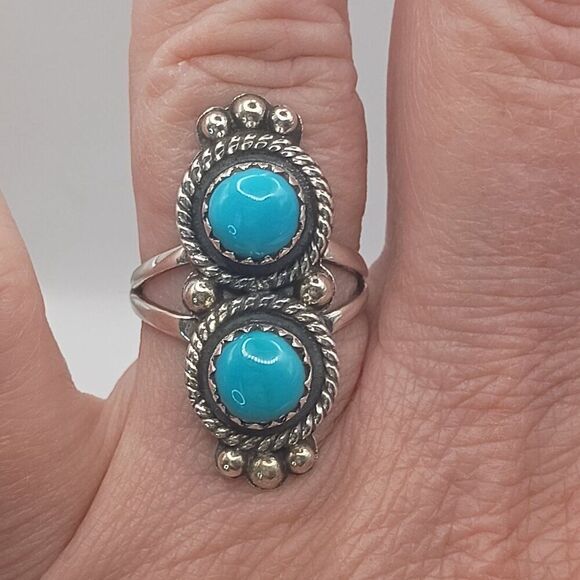 Native Southwest Sterling Silver Double Stone Turquoise Ring Size 7.5 - Picture 2 of 6